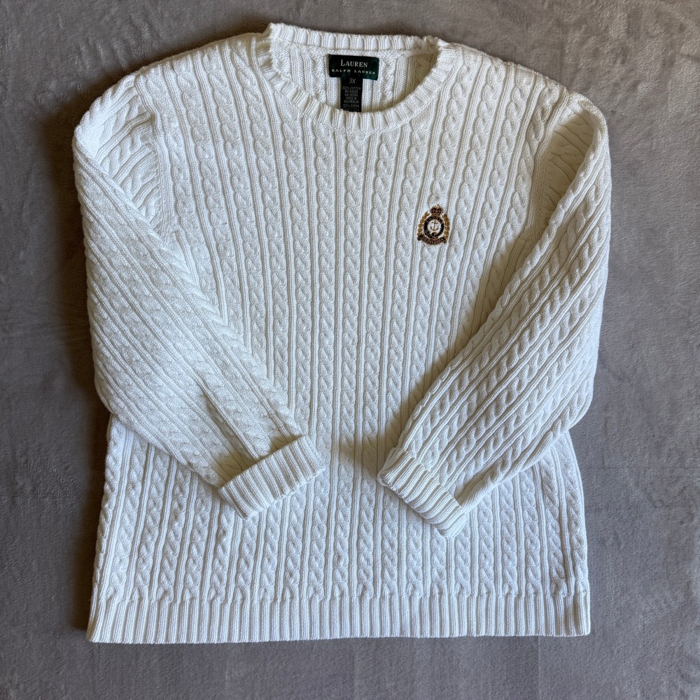 Lauren Ralph Lauren White Cable Knit Cotton Crest Sweater 3X Plus Size